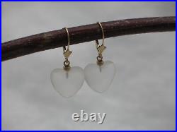14K Solid Yellow Gold Frosted Quartz Heart Drop Dangle Earrings Leverback