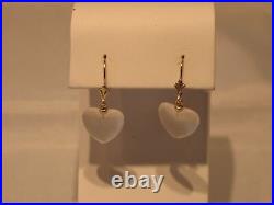 14K Solid Yellow Gold Frosted Quartz Heart Drop Dangle Earrings Leverback