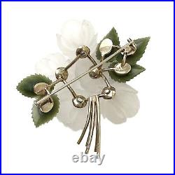 14k Gold Victorian Brooch Carved Frosted Quartz Nephrite Jade Flowers Diamonds