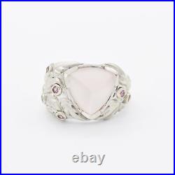 14k White Gold Carved Frosted Pink Quartz/Pink Sapphire Ring Size 8