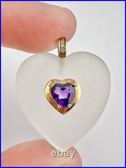 14k Yellow Gold Carved Frosted Rock Quartz & Diamond Amethyst Heart Love Pendant