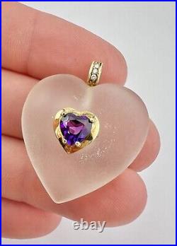 14k Yellow Gold Carved Frosted Rock Quartz & Diamond Amethyst Heart Love Pendant
