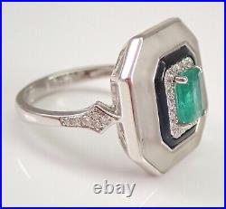 18K White Gold Emerald Onyx Frosted Quartz and Diamond Engagement Ring Size 7