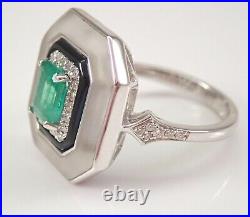 18K White Gold Emerald Onyx Frosted Quartz and Diamond Engagement Ring Size 7