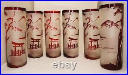 24pc Set Ruby Red Cut to Frosted Clear Crystal Japanese Pagoda Pattern NICE SET