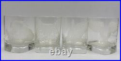 4 VTG Signed Etched Frosted Crystal Animal Whiskey Double Old Fashioned Glasses