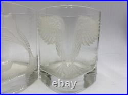 4 VTG Signed Etched Frosted Crystal Animal Whiskey Double Old Fashioned Glasses
