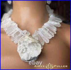 Aimee Fuller Raw Aqua Quartz Frost Gem Necklace Gold Hoop Pendant Bridal Wedding