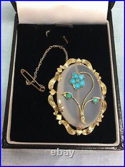 Antique Victorian Frosted Rock Crystal / Agate Turquoise Forget-Me-Not Brooch
