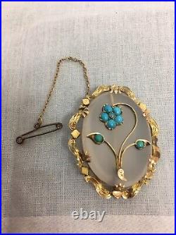 Antique Victorian Frosted Rock Crystal / Agate Turquoise Forget-Me-Not Brooch