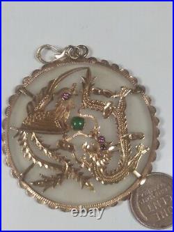 Big Ladies 14k Yellow Gold Frosted Glass Jade and Ruby Dragon Pendant