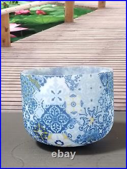 Blue White Flower 432Hz Frosted F Heart Chakra Crystal Singing Bowl + carrier 8
