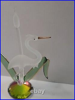 Hand Blown Frosted Glass Heron Bird Grass Figurine Figure 6 Crystal Base VTG
