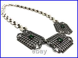 Lulu Frost Signed Pyramid Link Crystal Covered 3 Gunmetal Panels 20 Necklace