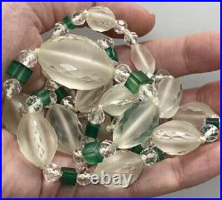 Rare Vintage Art Deco Lalique Frosted Faceted Rock Crystal Beaded Long Necklace