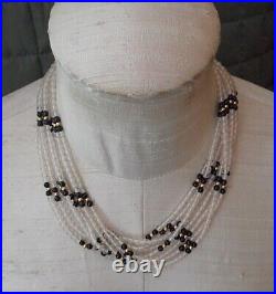 Torsade Necklace 8 Strands Frosted Crystal & Onyx Beads 14K Gold Shrimp Clasp