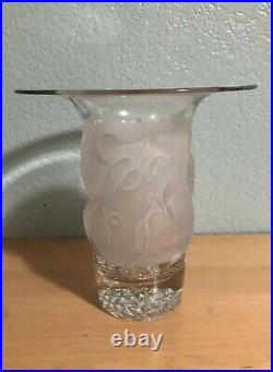 Unique Frosted & Clear Crystal Vase Art Glass Fruit Cherries & Pears 8 Tall