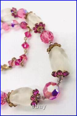 VENDOME Frosted Baroque Glass Beaded Necklace Rhinestones Signed Vintage Jewelry