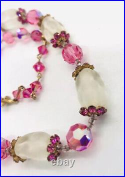 VENDOME Frosted Baroque Glass Beaded Necklace Rhinestones Signed Vintage Jewelry