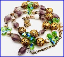 VENDOME Frosted Lavender Givre Glass Beaded Necklace Signed Vintage Jewelry