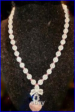 Victorian Era Rose Quartz Heart Necklace With Frosted Crystal Ribbon And Beads