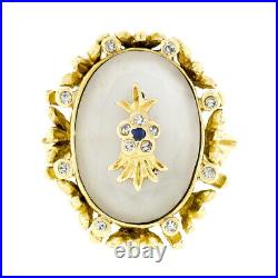 Vintage 18k Gold Oval Cut Frosted Quartz Rock Crystal Diamond & Sapphire Ring