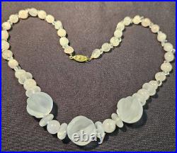 Vintage Art Deco Frosted Carved Glass Beaded Necklace 20 w Rose Quartz