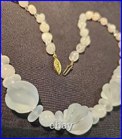 Vintage Art Deco Frosted Carved Glass Beaded Necklace 20 w Rose Quartz