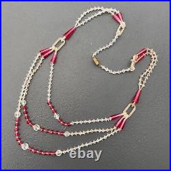 Vintage Art Deco Layered Necklace Ruby Pink Crystal & Frosted Glass Link Fabulo