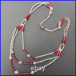 Vintage Art Deco Layered Necklace Ruby Pink Crystal & Frosted Glass Link Fabulo