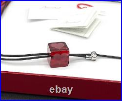 Vintage Baccarat Ruby Red Heart Frosted Crystal Cube Necklace Cord/SilverFrance