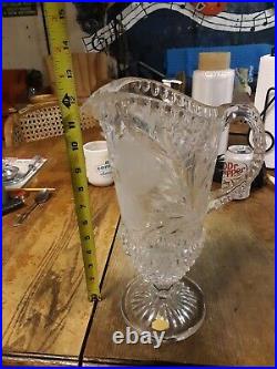 Vintage Germany Hand Cut Frosted Flower Design-24% Lead Crystal Pitcher-WOW