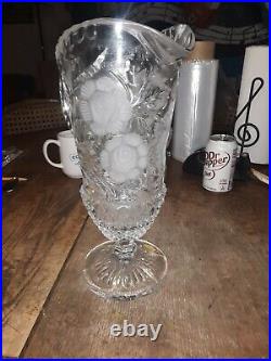 Vintage Germany Hand Cut Frosted Flower Design-24% Lead Crystal Pitcher-WOW