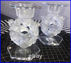 Vintage Pair LALIQUE Crystal Candleholders Mesanges WithBobeche #10901. Signed